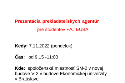 Prezentácia prekladateľských agentúr pre študentov FAJ EUBA