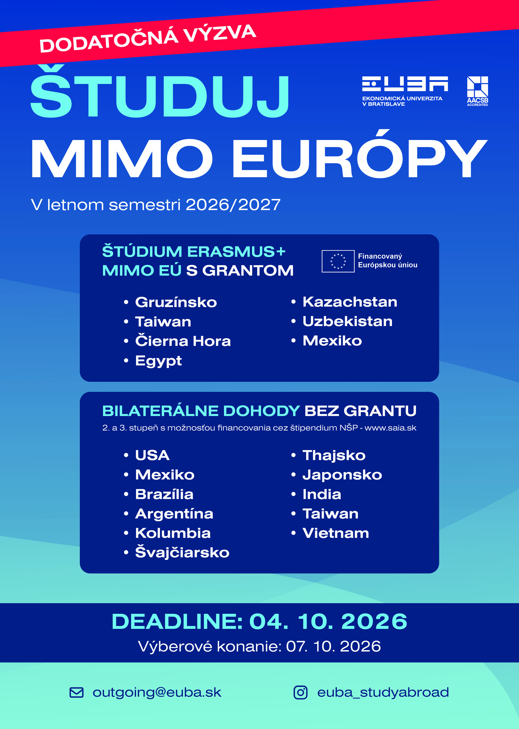 Študuj v zahraničí v akademickom roku 2026/2027 - Dodatočná výzva